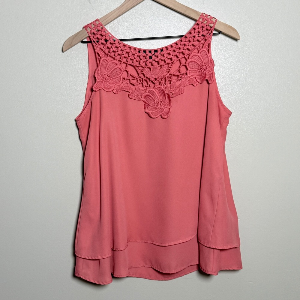 Zac & Rachel Womens Top S Pink Crochet Lace Neck Layered Sleeveless Blouse